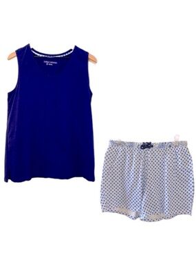 CAROLE HOCHMAN 100% Cotton Tank Top Shorts Pajama Set Navy Blue White M.